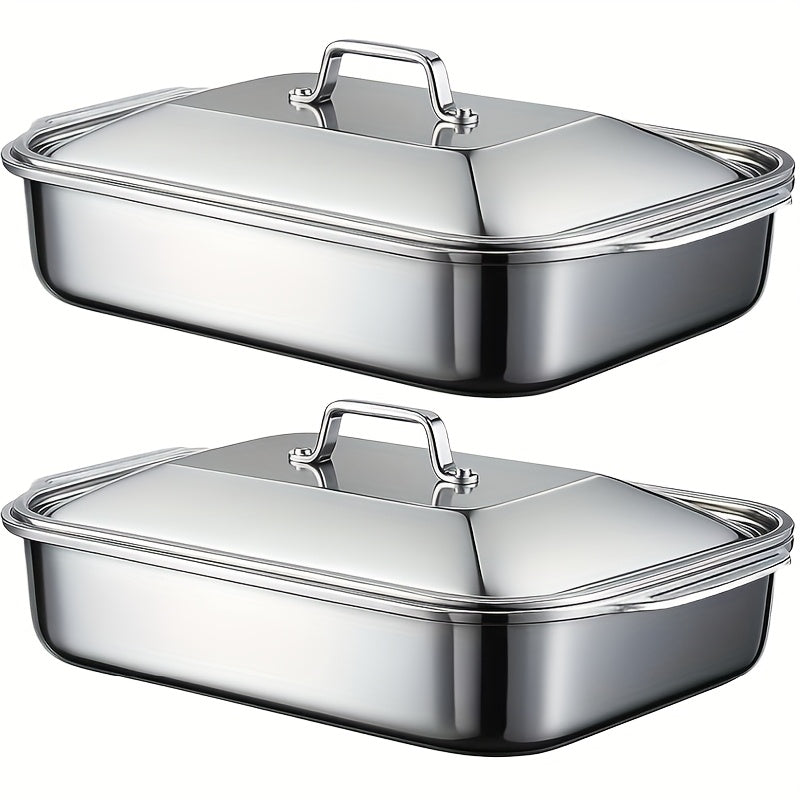 Ensemble de plats de cuisson en acier inoxydable avec couvercles – Grands plateaux de four rectangulaires antiadhésifs et robustes pour rôtir, pain, desserts, fruits de mer, barbecue et service buffet, options de lots de 2, 4, 6 ou 8