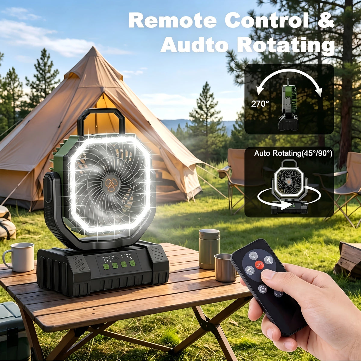 Ventilateur de camping à batterie 20 000 mAh, autonomie 59 h – Ventilateur oscillant portable rechargeable avec télécommande, 4 vitesses, éclairage LED et crochet pour tente, extérieur, terrasse, garage, coupure de courant ou ouragan