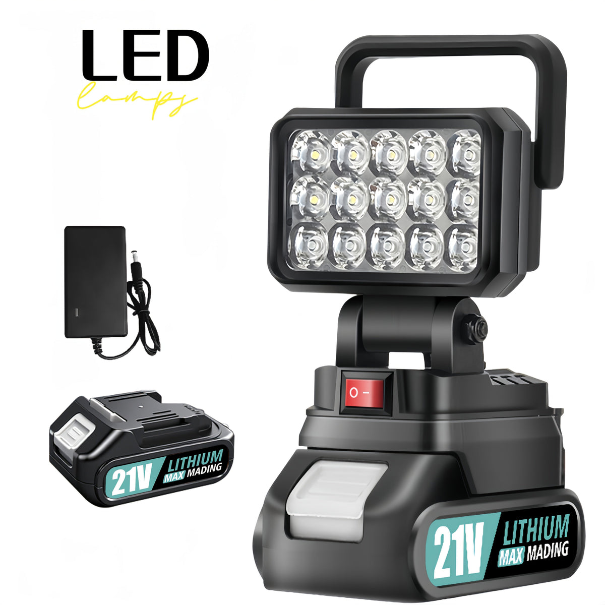 Lampe de travail LED compatible avec batterie Makita 21V – Lanterne de camping portative haute luminosité, étanchéité IP4X, protection intelligente de la batterie, lampe d'urgence pour coupure de courant, ouragan et randonnée, Noir Jaune Bleu