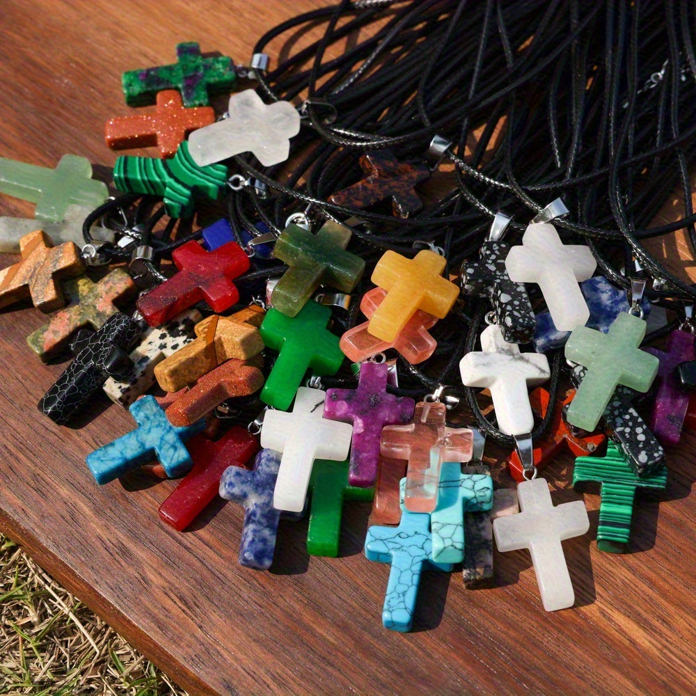 40pcs Natural Stone Cross Pendant & Necklace DIY Kit – 20 Quartz Imitation Gem Cross Pendants + 20 Adjustable Black Faux Leather Necklaces, Bulk Jewelry Making Supplies for Teens Women Bracelets Earrings Crafts