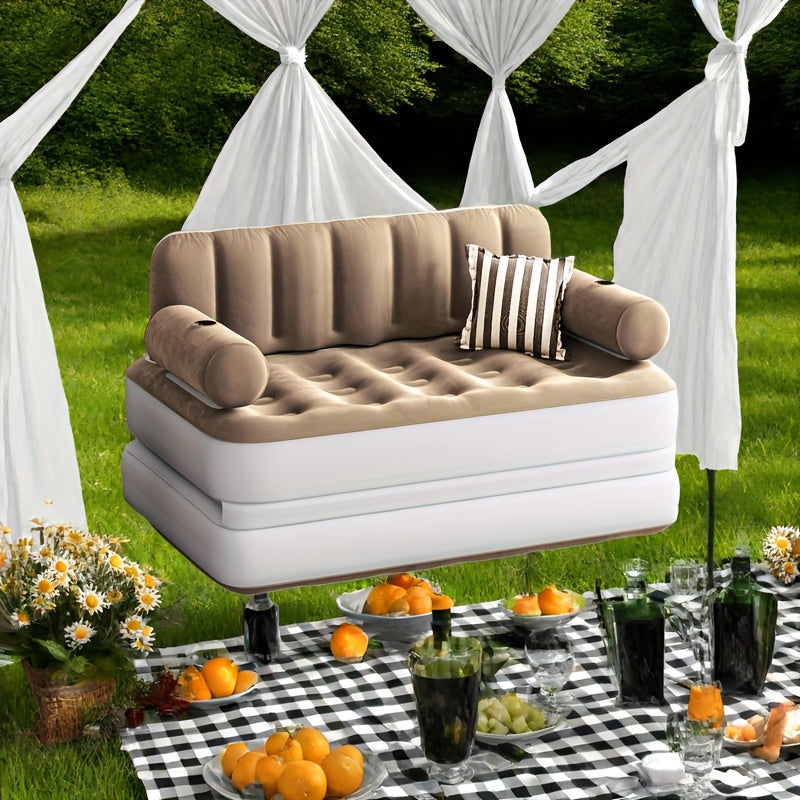 Canapé-lit gonflable 2-en-1 taille Queen – Canapé et matelas pneumatique portables avec tête de lit, porte-gobelets, pompe externe et sac de rangement, capacité de 200 kg pour la maison, le camping et les invités