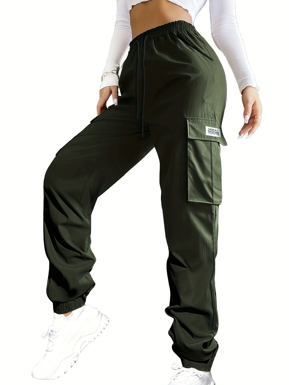 Pantalon cargo pour femme avec poches zippées – Taille élastique à cordon de serrage, grandes poches, pantalon décontracté pour l'extérieur, noir, gris, vert, bleu, XS-XXL