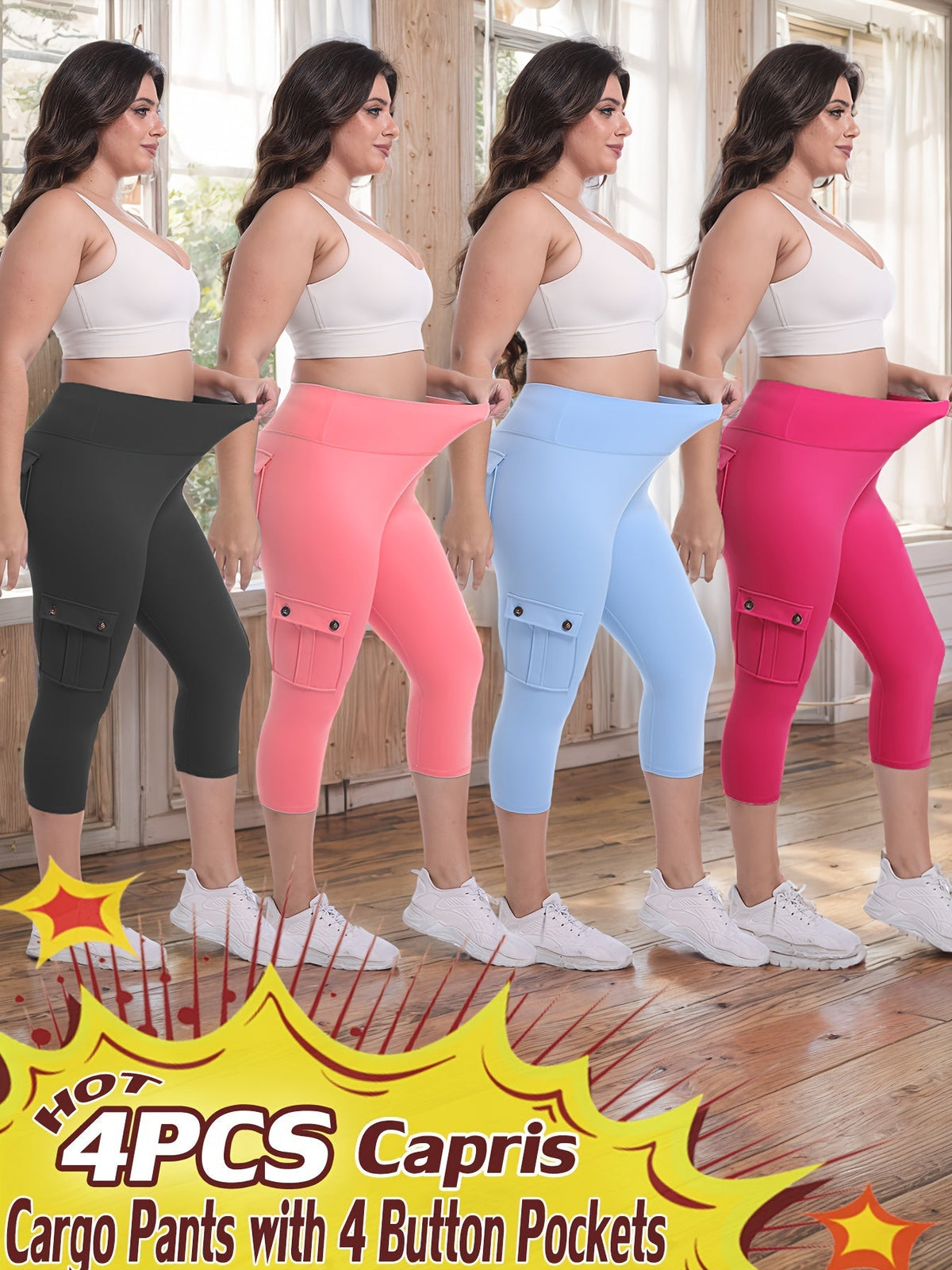Lot de 4 pantalons de yoga Capri taille haute pour femmes, extensible dans les 4 sens, galbant, gainant, 4 poches - Leggings de sport pour la course, S-XXL, toutes saisons