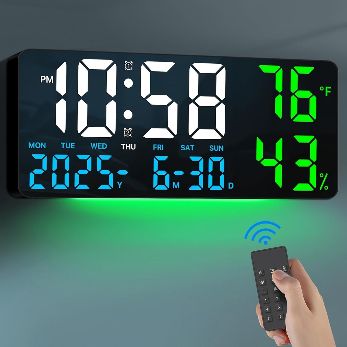 Réveil LED à grand écran avec télécommande à atténuation automatique – Horloge numérique de 15 pouces affichant l'heure, la date, le jour de la semaine, la température et l'humidité – Horloge de chevet pour seniors, salon, bureau