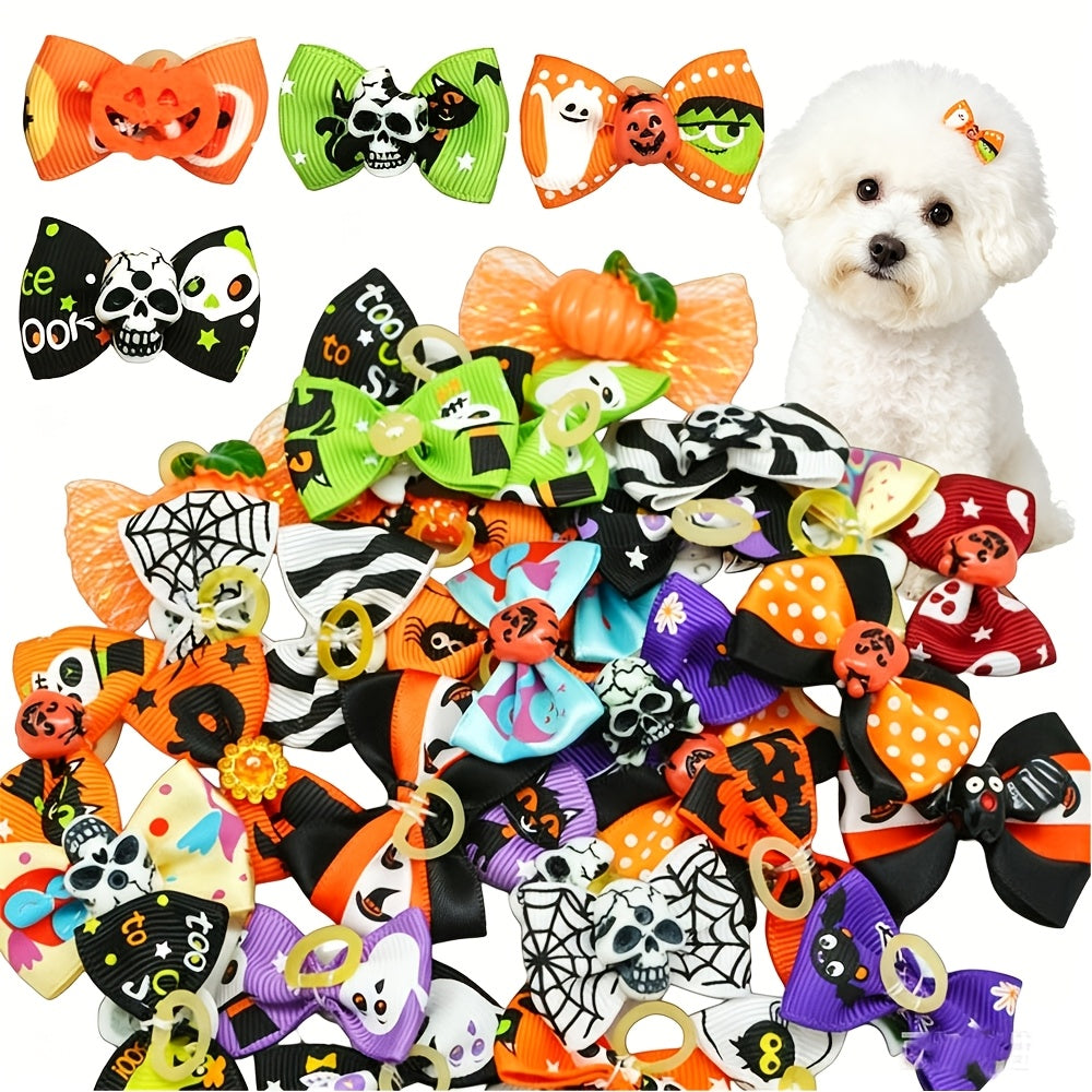 Lot de 20 nœuds pour poils de chien Halloween avec élastiques – Rubans de toilettage pour chiots et Yorkies de 40 mm, motifs et couleurs variés – Accessoires de toilettage festifs pour petits chiens et chats