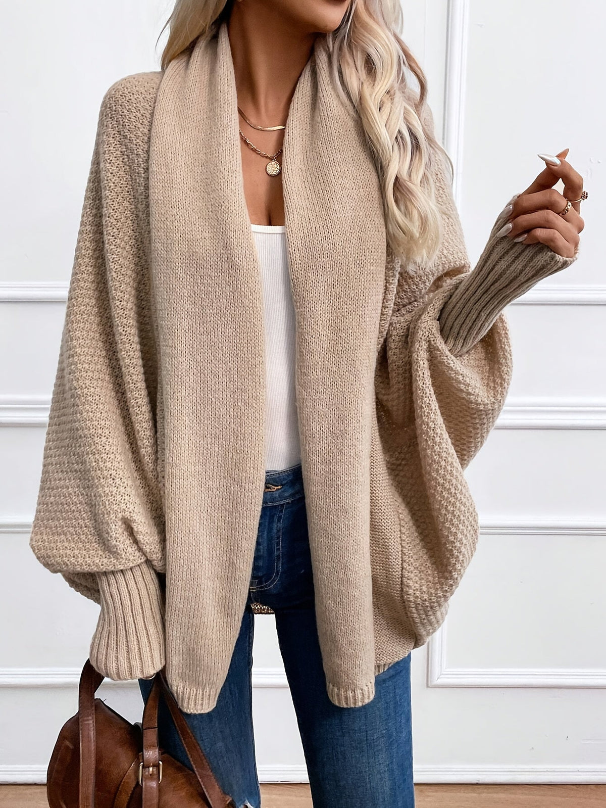 Cardigan femme à manches chauve-souris, col châle ouvert, pull manteau en maille ample – Veste légère unie couleur kaki
