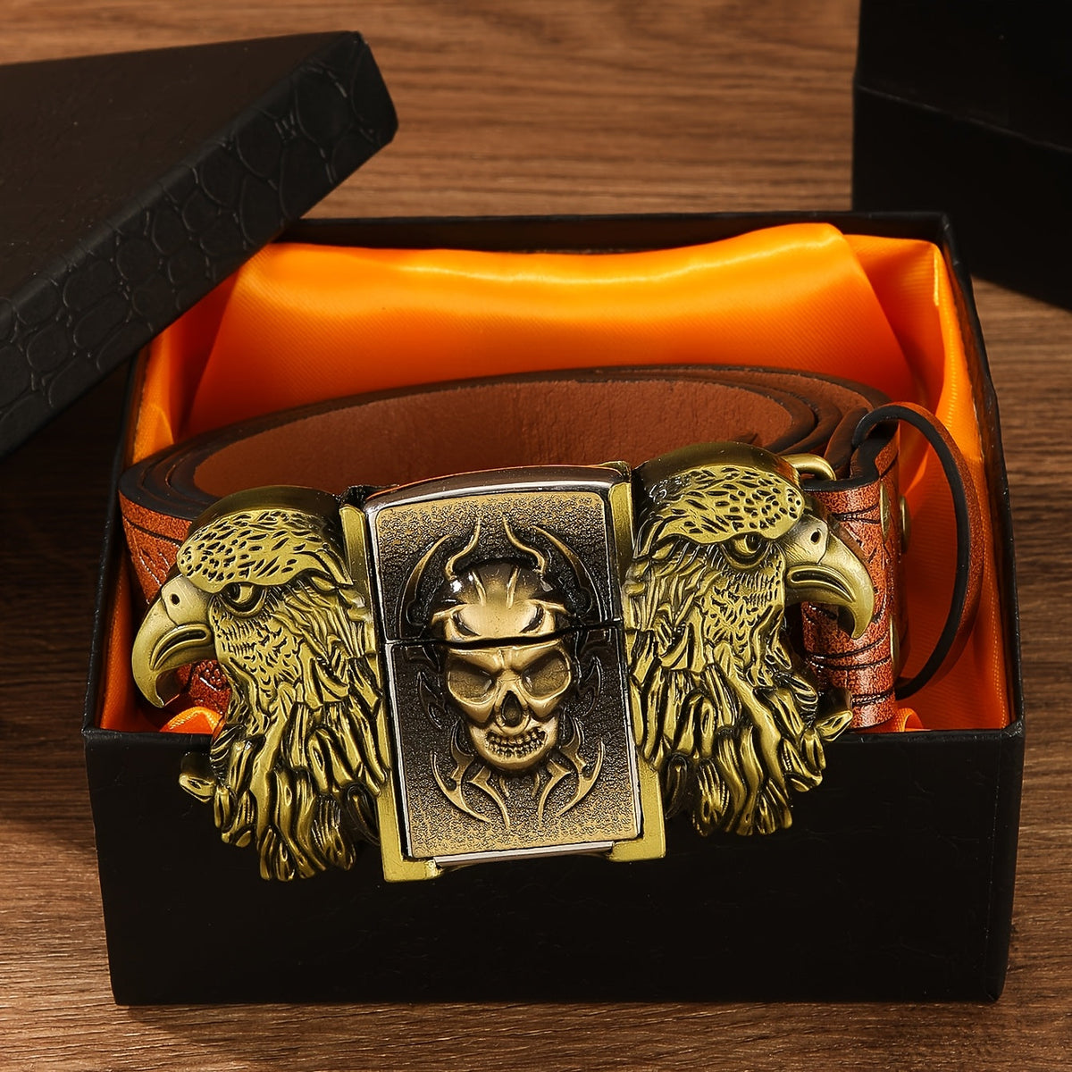 Ceinture de cowboy rétro avec briquet amovible – Ceinture fantaisie à motifs imprimés en relief (tête de mort, aigle, croix et motifs amérindiens), cadeau original pour hommes pour Noël, Thanksgiving et la Saint-Valentin