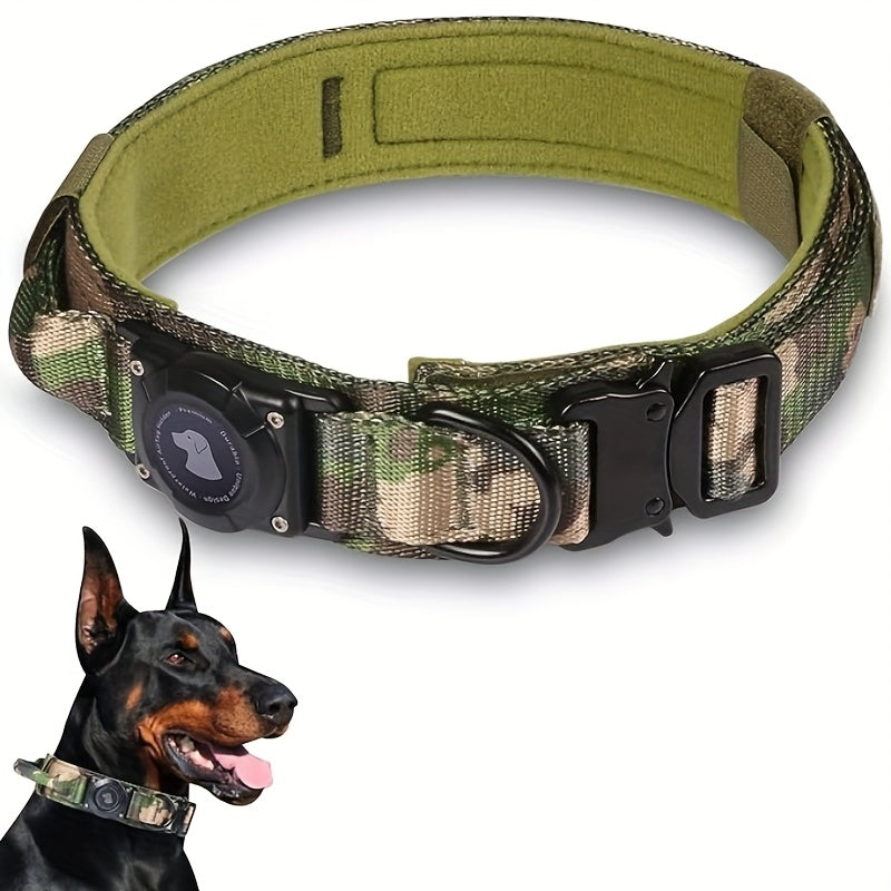 Collier tactique pour chien avec support AirTag et poignée – Nylon PC robuste, réglable M/L/XL pour chiens moyens et grands, collier de dressage de style militaire avec poignée de contrôle