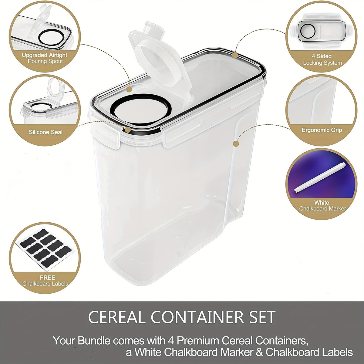 Lot de 4 récipients hermétiques pour aliments (4 L / 135 oz), très grands contenants à céréales sans BPA pour l'organisation du garde-manger - Rangement en vrac pour céréales, riz et noix, ensemble d'organisation de cuisine, excellent cadeau de Noël