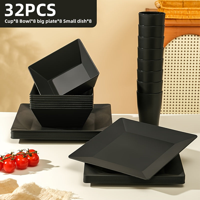 Black Wheat Straw Tableware Set β 16/32 Piece Unbreakable Eco-Friendly Plates Dessert Plates Bowls & Cups for 4-8 People, Outdoor Camping Party Wedding Halloween Kitchen Accessories