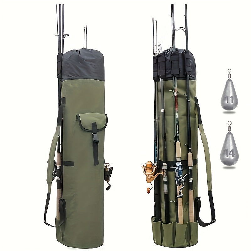 Sac de pêche grande capacité, pliable et durable, étui de transport multifonction pour cannes à pêche avec deux plombs, pouvant contenir plusieurs cannes, organisateur de matériel pour pêche en eau douce et en mer