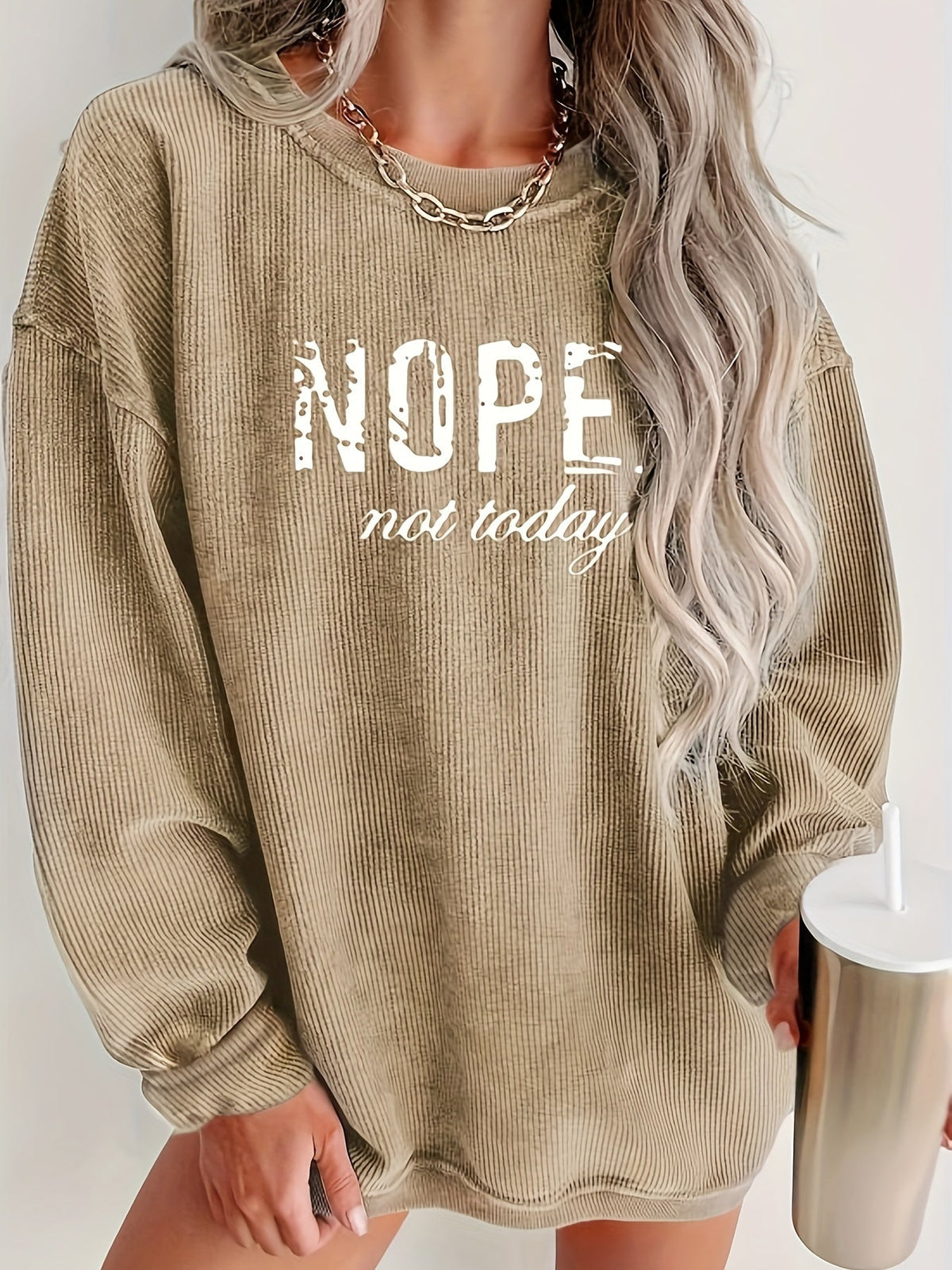 Haut à manches longues imprimé NOPE pour femmes, t-shirt à motif avec col rond, pull décontracté S M L XL XXL, kaki rose à imprimé lettres
