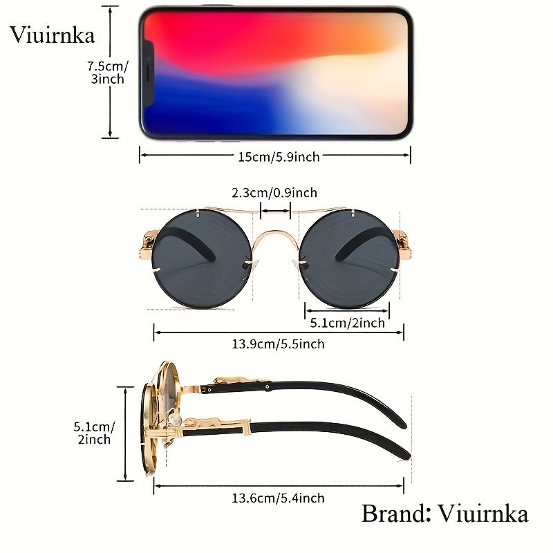 Lunettes de soleil rondes à monture en métal avec verres dégradés pour hommes et femmes – Luxe, double pont, détails léopard sur les charnières, verres en polycarbonate dégradés, étui inclus, style chic pour les vacances et la ville
