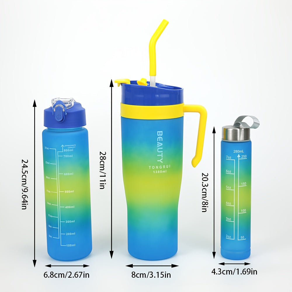 Ensemble de 5 bouteilles d'eau dégradées sans BPA avec paille et couvercle anti-fuite - Bouteilles de sport étanches de 1,3 L, 800 ml et 260 ml pour la gym, les voyages et l'extérieur