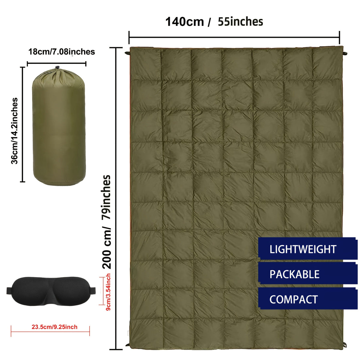 Couverture matelassée de camping, pliable, légère et chaude avec traitement déperlant DWR, incluant un masque de nuit 3D, 140x200 cm, pour camping, voyage, voiture, plage, stade, hamac, canapé et festival