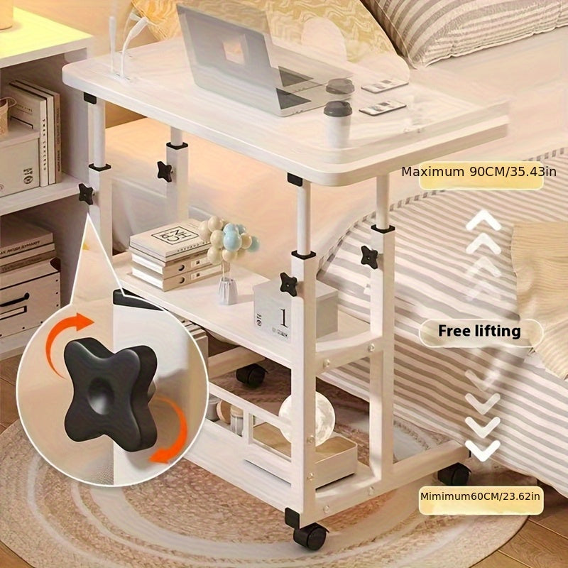 Bureau pliant à roulettes à 3 niveaux, hauteur réglable, plateau extensible, étagère de rangement pour ordinateur portable, bureau à domicile, chambre, salon, table d'ordinateur
