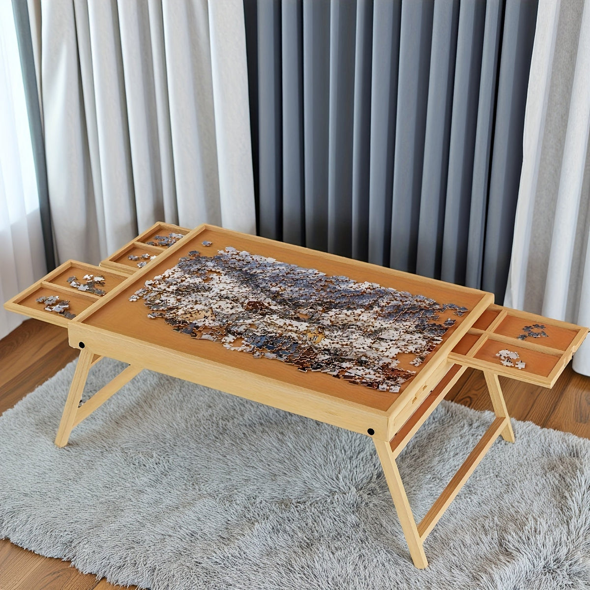 Table de puzzle 1000 pièces, design inclinable 2-en-1 avec couvercle support et 6 tiroirs, plateau de puzzle ultra-léger et portable pour adultes, accessoire de puzzle ergonomique, cadeau pour les amateurs de puzzle – Naturel et Gris