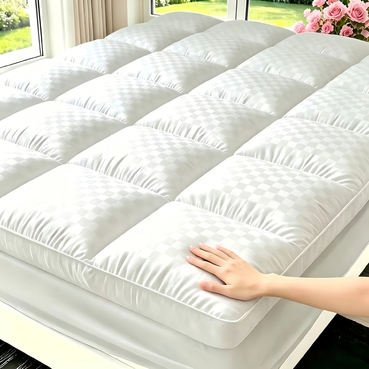 Surmatelas matelassé avec housse rafraîchissante, bonnet profond extensible de 8 à 21 pouces pour lits simple, double, grand lit, très grand lit et très grand lit californien, disponible en blanc, gris, noir et bleu marine