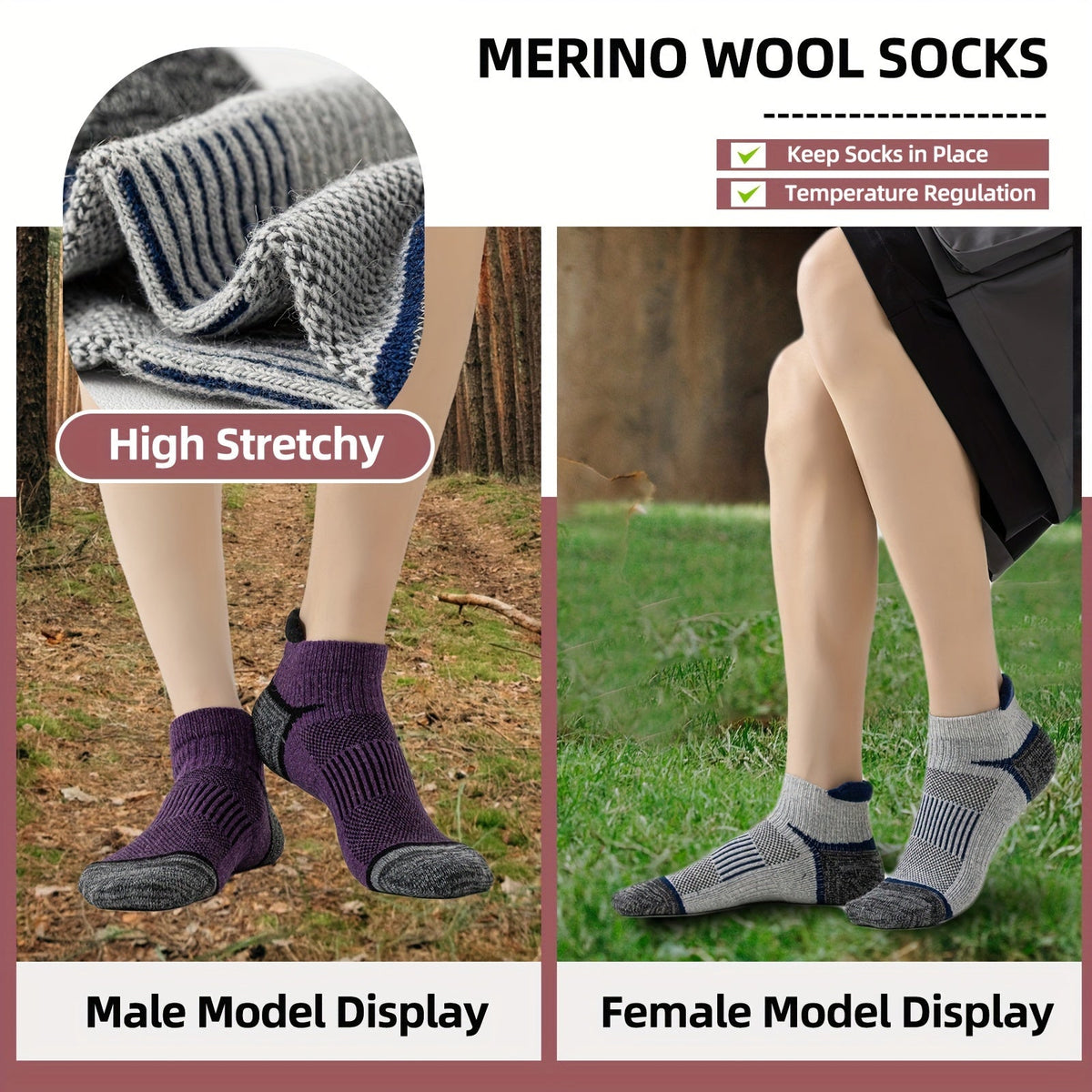 Lot de 6 paires de chaussettes de randonnée en laine mérinos pour hommes et femmes, chaussettes de course et de travail à cheville rembourrée avec soutien de compression, design invisible, respirant et absorbant l'humidité – Excellente idée cadeau
