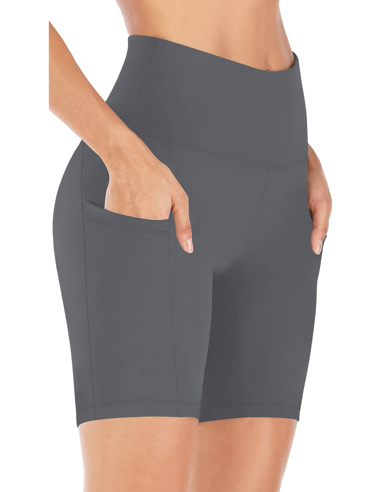 Short de yoga taille haute pour femme – Short de sport extensible 4 directions, anti-transpirant, avec ceinture élastique et poches latérales pour la course, le vélo et l'entraînement – Noir, gris foncé et bleu marine, tailles S-XXL