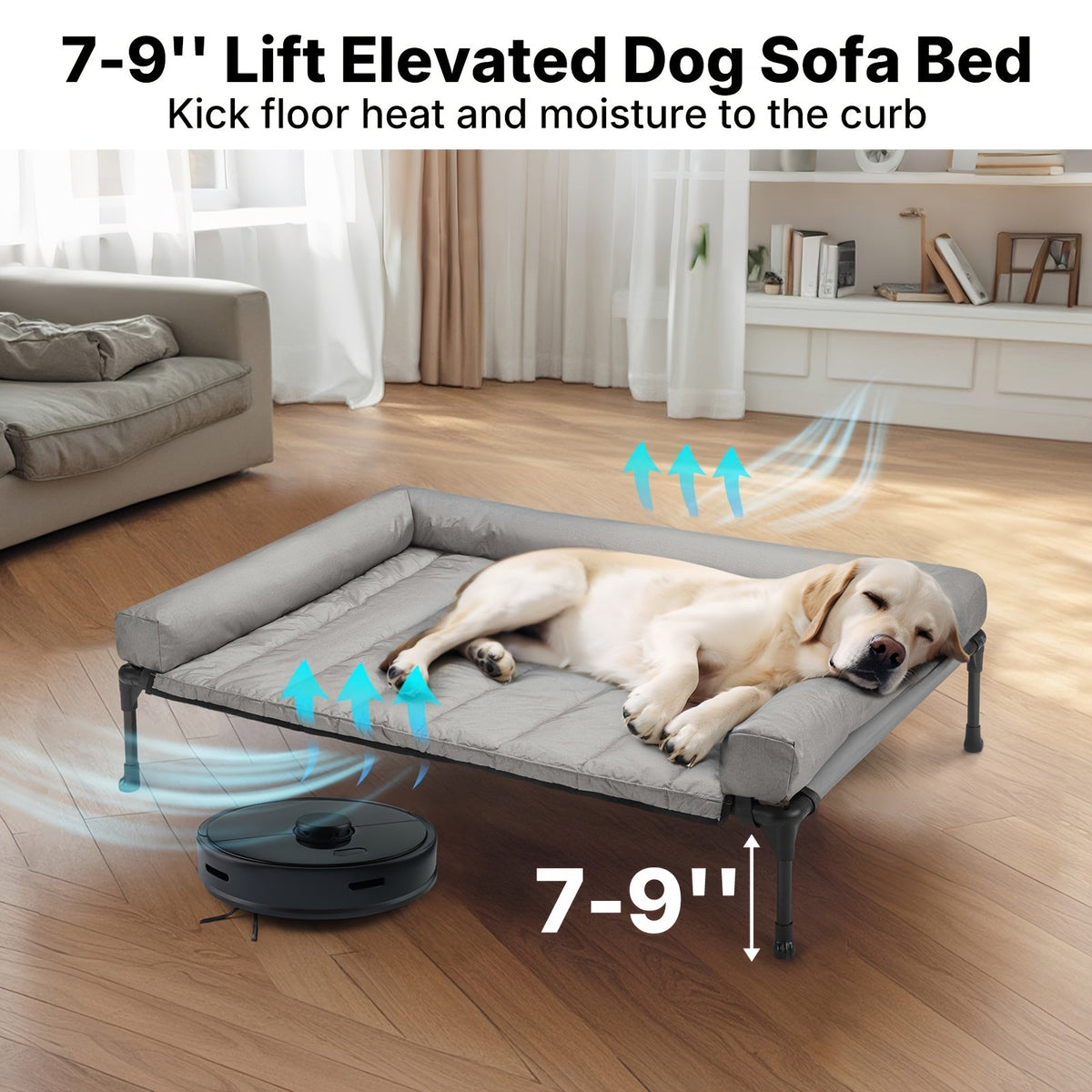 Lit surélevé rafraîchissant pour chien avec matelas amovible – Canapé pour chien surélevé avec rebords, filet respirant et pieds antidérapants pour une utilisation en intérieur et en extérieur