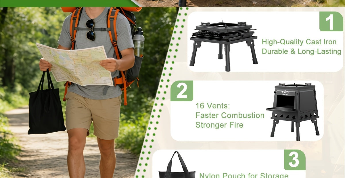 Réchaud de camping portable à bois avec ciseaux barbecue - Poêle de randonnée léger et kit de grill de pique-nique pour le voyage et le camping