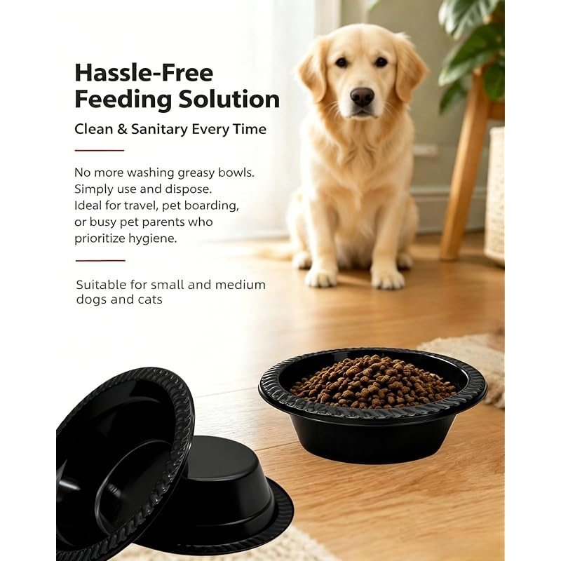 Gamelles jetables pour animaux, lot de 50, 355 ml – Bols ronds en plastique noir pour petits et moyens chiens, voyage, refuge, chenil, extérieur et alimentation d'urgence, empilables, hygiéniques à usage unique
