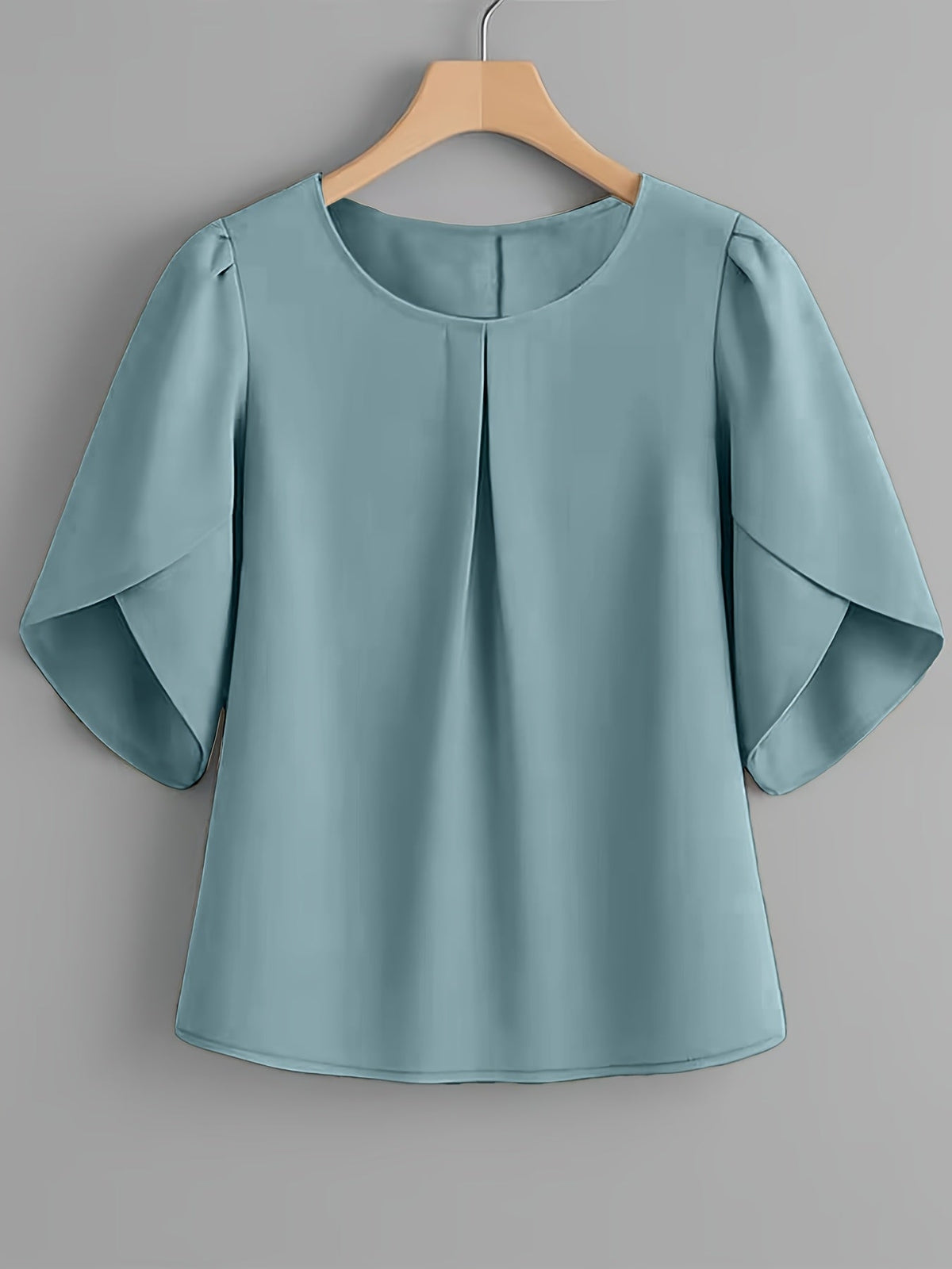Chemisier femme à manches courtes, col rond, poignets à volants et plis sur la poitrine – Haut élégant en tissu 100 % polyester, semi-transparent, avec manches fendues