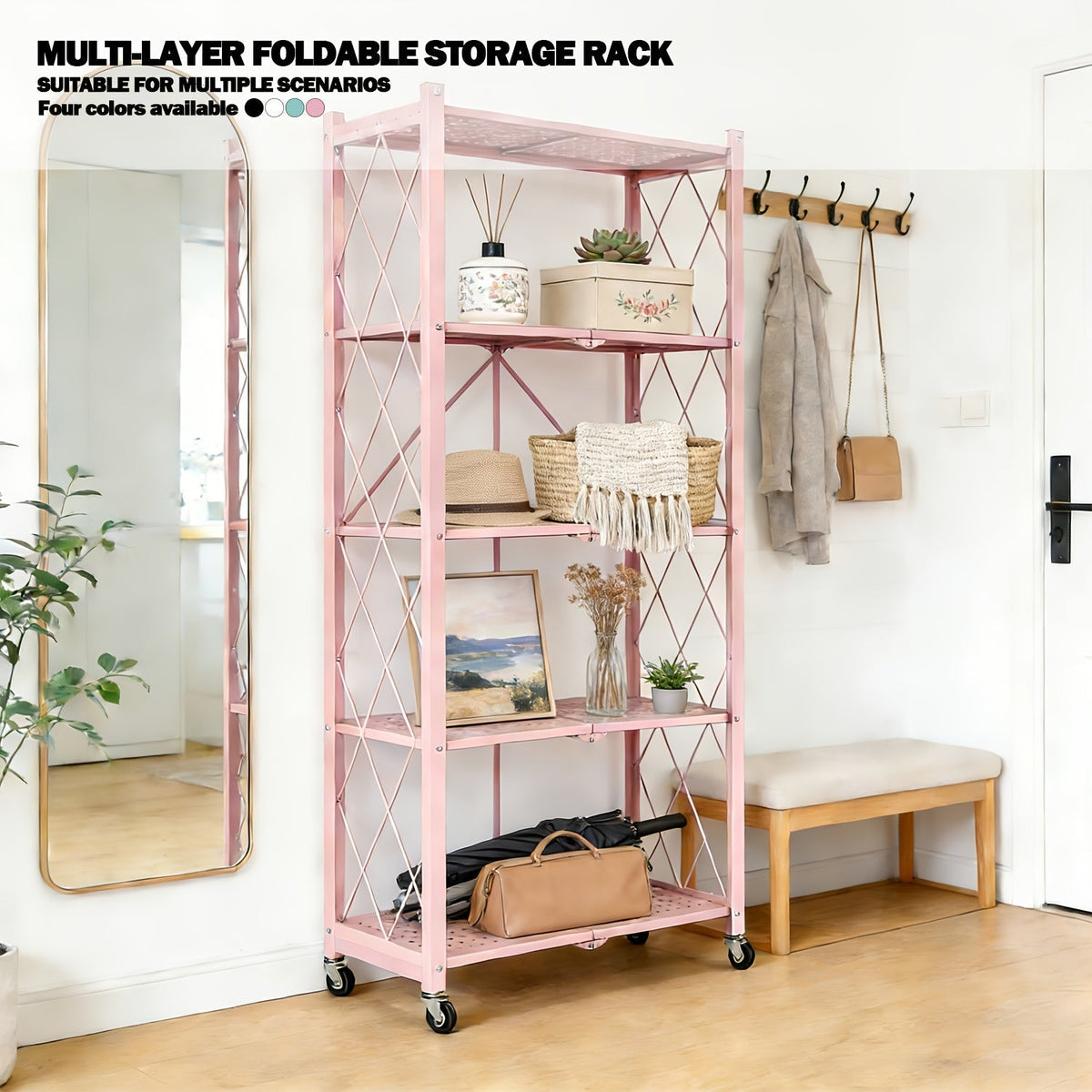Heavy Duty Folding Storage Rack with Wheels β 3/4/5-Tier Portable Floor-Standing Shelf, No Assembly Required, for Home, Office, Bedroom & Dorm, 4 Colors Available