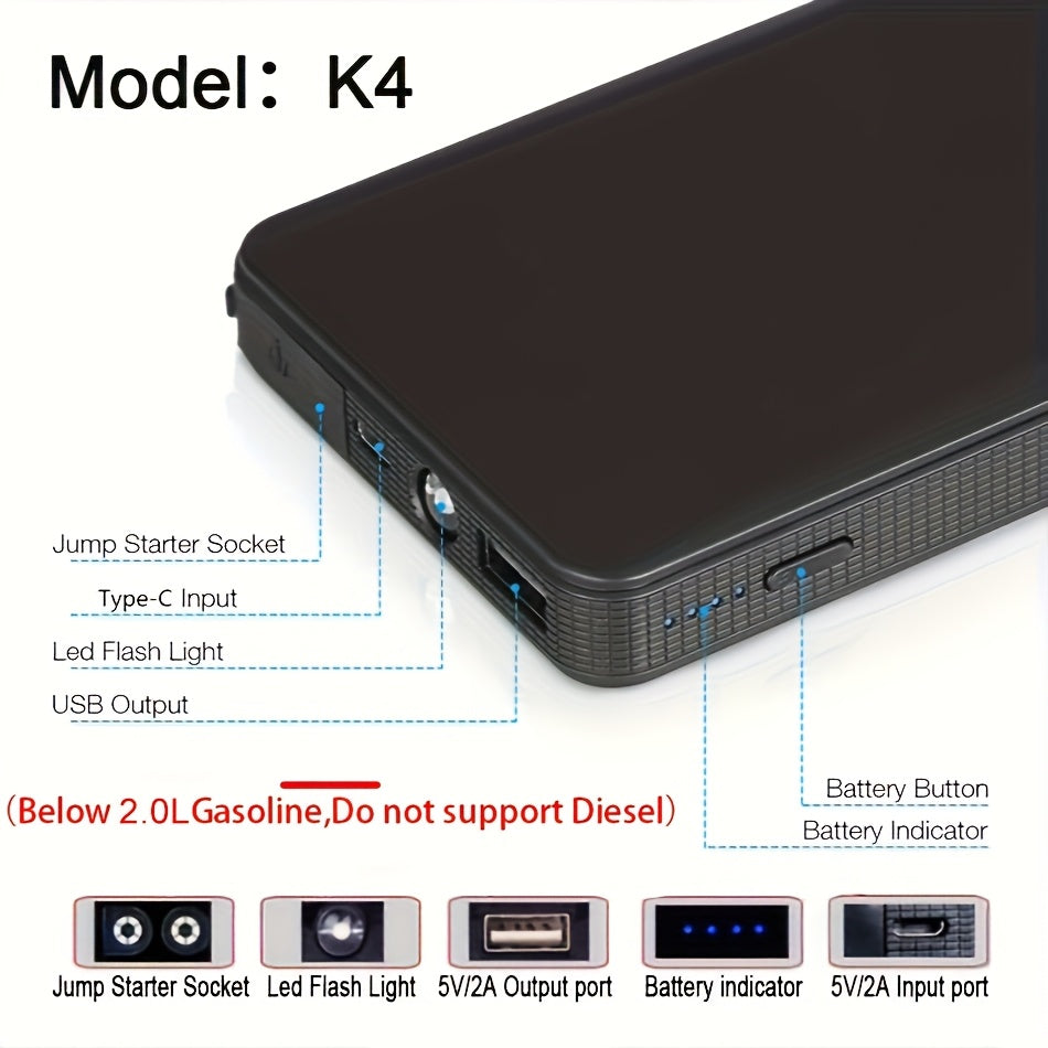 Démarreur de batterie portable pour voiture 1600A–3000A 12V – Booster d'urgence compact pour moteurs essence et diesel avec ports de charge USB et lampe de poche LED