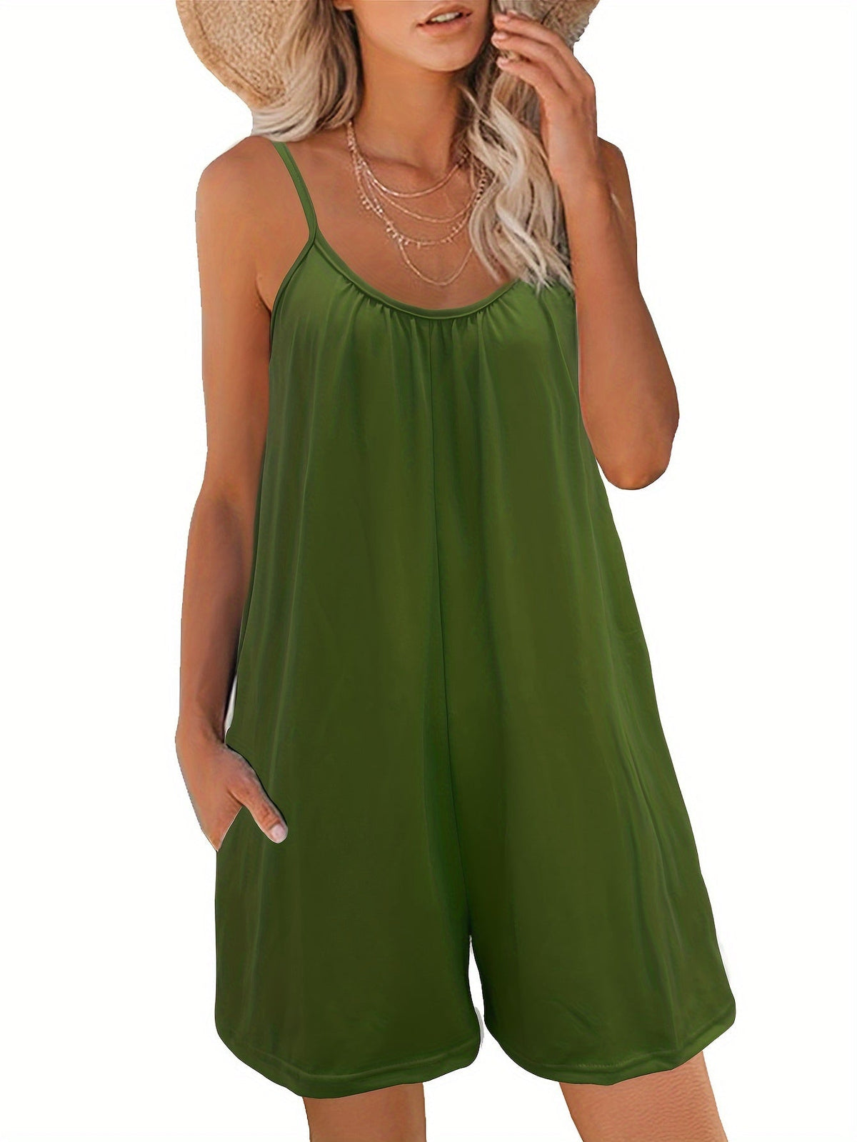 Combinaison débardeur pour femme, couleur unie, sans manches, pantalon large avec poches, style décontracté pour l'été ou la plage