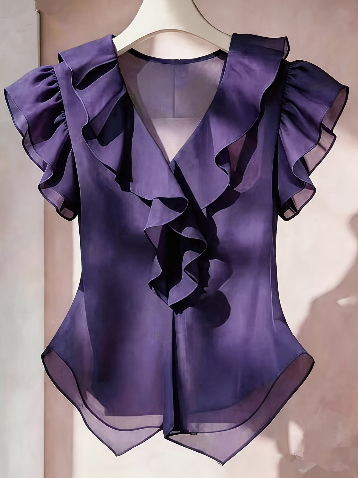 Haut femme en mousseline à manches courtes et volants – Chemisier d'été décontracté coupe évasée, couleur unie, disponible en 21 coloris, 100 % polyester tissé