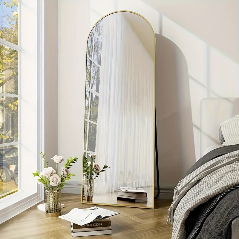 Miroir sur pied pleine longueur avec lumières LED - Sommet arqué et rectangulaire, cadre en aluminium, miroir habillage sur pied de 180 cm pour chambre et salon, noir or blanc, verre trempé de 5 mm