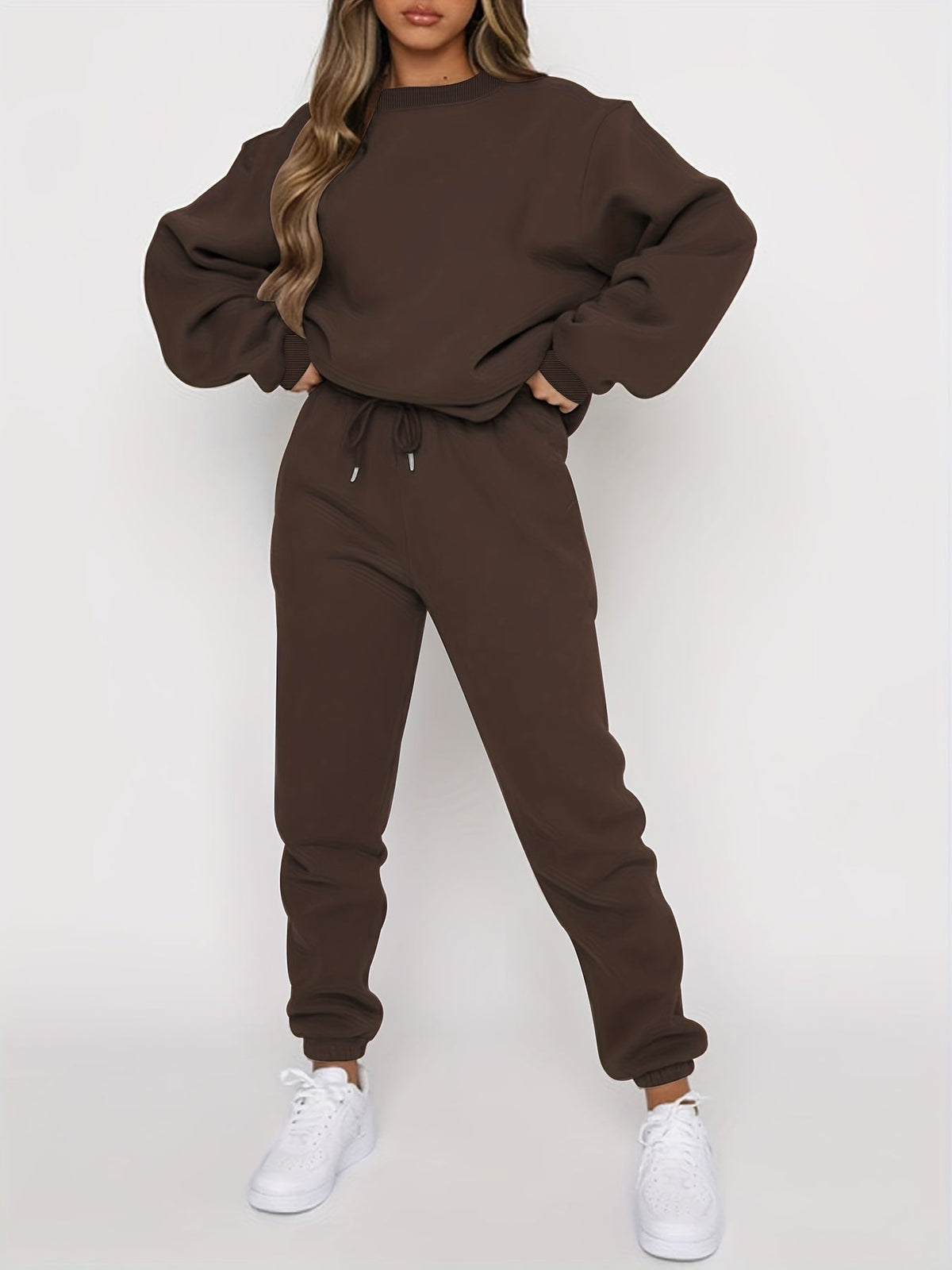 Ensemble deux pièces pour femme : sweat-shirt à col rond et pantalon de jogging décontracté avec taille élastique à cordon de serrage, beige, gris, noir, bleu marine, café, S-XXL