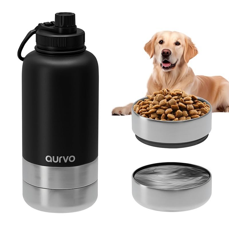 Gourde pour chien de 950 ml avec bol intégré – Gourde de voyage isotherme en acier inoxydable, étanche et portable pour la randonnée, le camping, les promenades et les sorties en plein air – Distributeur d'eau de voyage pour chien