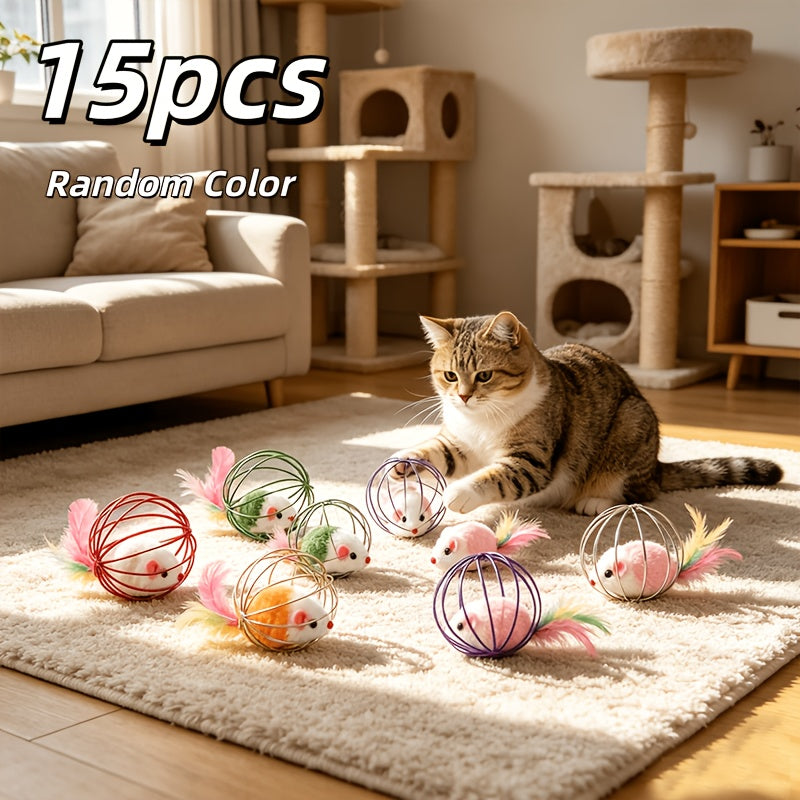 Cage Ball Cat Toys with Feathers & Tails – Wire Cage Interactive Toy Set for Cats, Colorful Fake Feather Rattling Ball Toys for Kittens, Durable Fabric Cat Enrichment Toys, No Battery, Multi-Pack Options