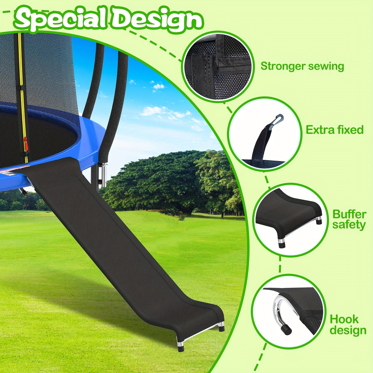 Kit échelle et toboggan pour trampoline, escalier de sécurité large à 2 marches, toboggan résistant aux déchirures, accessoires de trampoline universels en acier galvanisé PE pour enfants et adultes de 14 ans et plus, pour jeux en extérieur et jardin