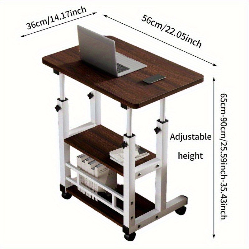 Bureau pliant à roulettes à 3 niveaux, hauteur réglable, plateau extensible, étagère de rangement pour ordinateur portable, bureau à domicile, chambre, salon, table d'ordinateur