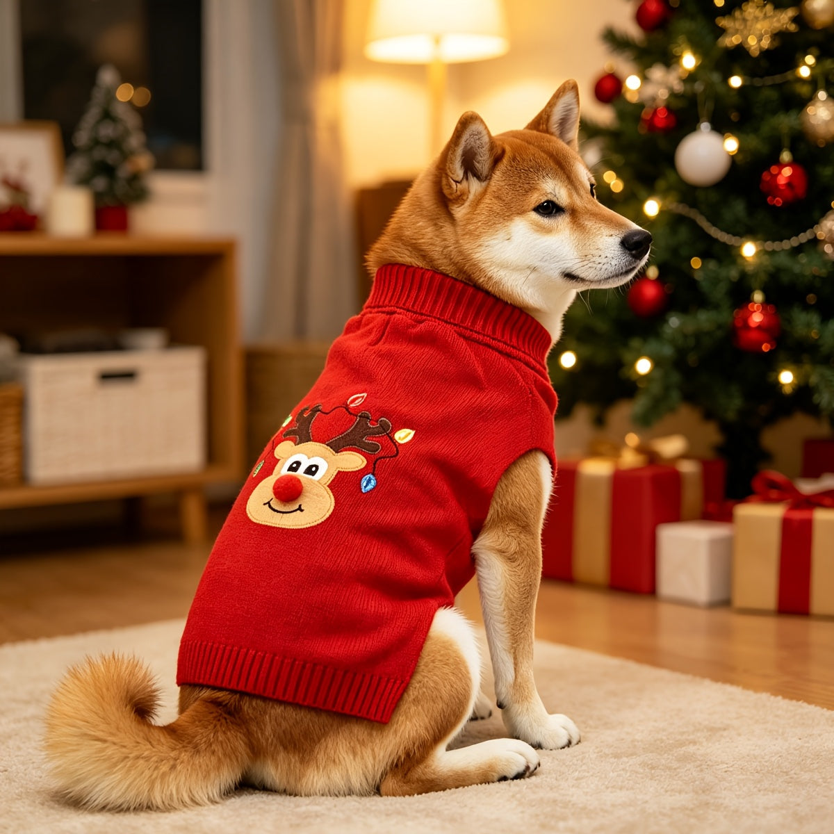 Pull de Noël pour chien – Pull d'hiver en tricot épais à col roulé pour chiens de taille moyenne et grande, vêtement festif rouge doux et chaud pour Labrador, Rottweiler, Beagle, tenue pour chien élastique et confortable