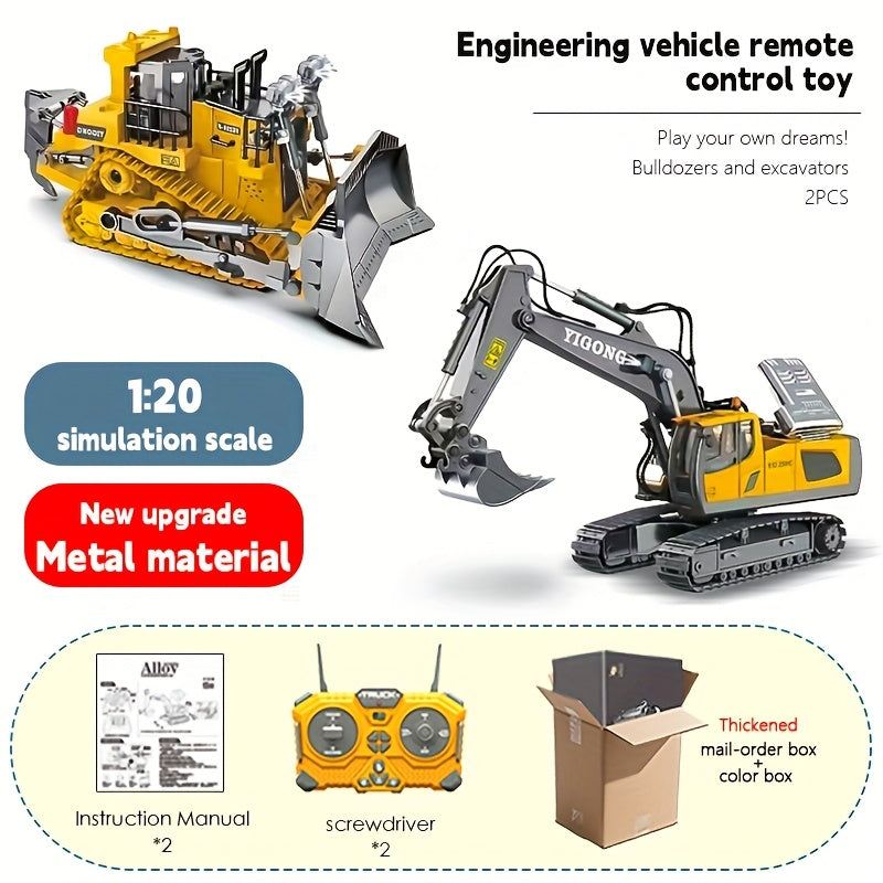 Ensemble de pelleteuse télécommandée avec pelle en métal, lumières LED, batterie 1200 mAh, camion de construction radiocommandé, bulldozer, camion à benne et chargeuse, cadeau d'anniversaire ou de Noël pour garçons à partir de 6 ans