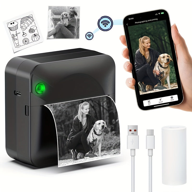 Mini imprimante thermique sans fil pour étiquettes – Imprimante de poche Bluetooth portable sans encre pour photos, journaux, notes et mémos, inclut 1 rouleau de papier thermique, imprimante intelligente de reçus et d'étiquettes