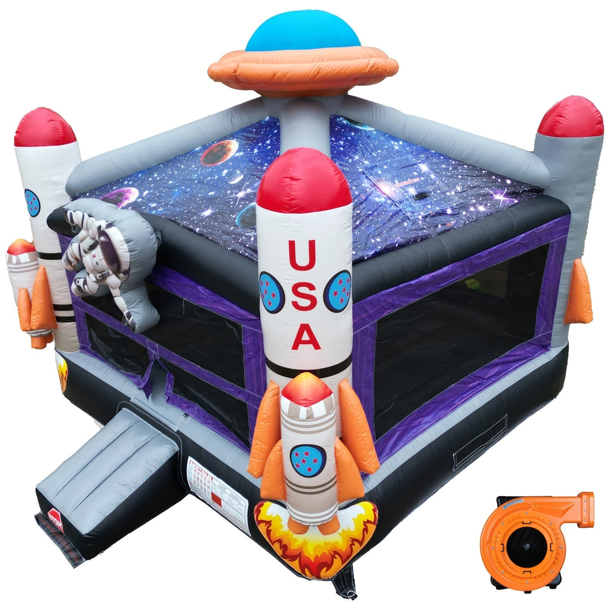 Château gonflable Espace 5 m - Structure gonflable professionnelle en PVC, thème astronaute et fusée, toit ciel étoilé, panier de basket, filets de sécurité à 360° | Fête d'enfants en extérieur (avec ou sans soufflerie)