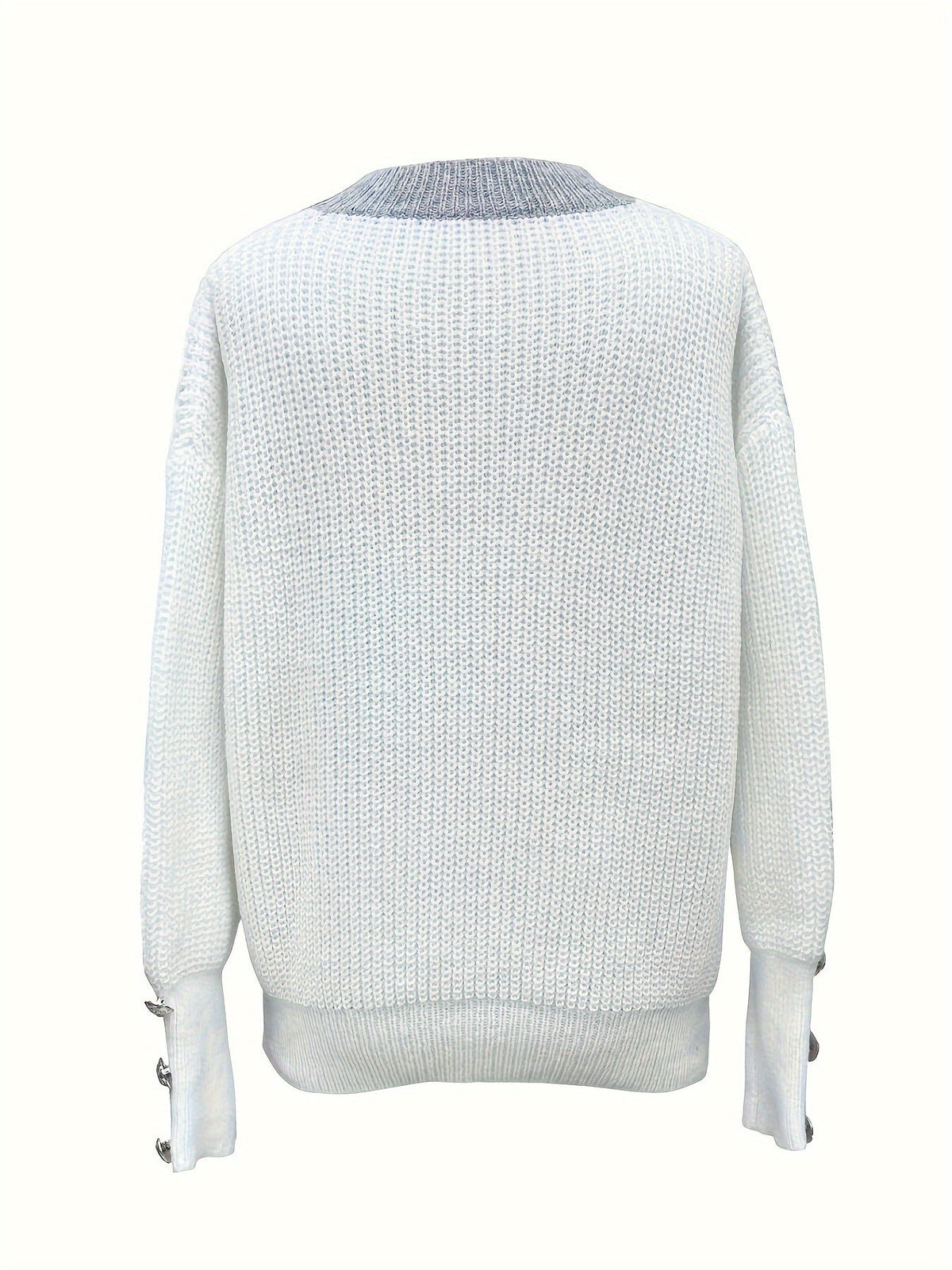 Women's V-Neck Button-Decorated Pullover Sweater β Casual Solid Color Knit Top for Fall Winter, Lightweight Polyester Stretch Pullover, Sizes S-XXL, White & Sea Blue