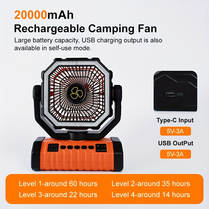 Ventilateur de camping 20000 mAh avec lanterne LED, rechargeable, oscillant, 4 vitesses et minuterie - Ventilateur de tente portable pour le camping, les véhicules récréatifs, les chantiers et les pannes de courant