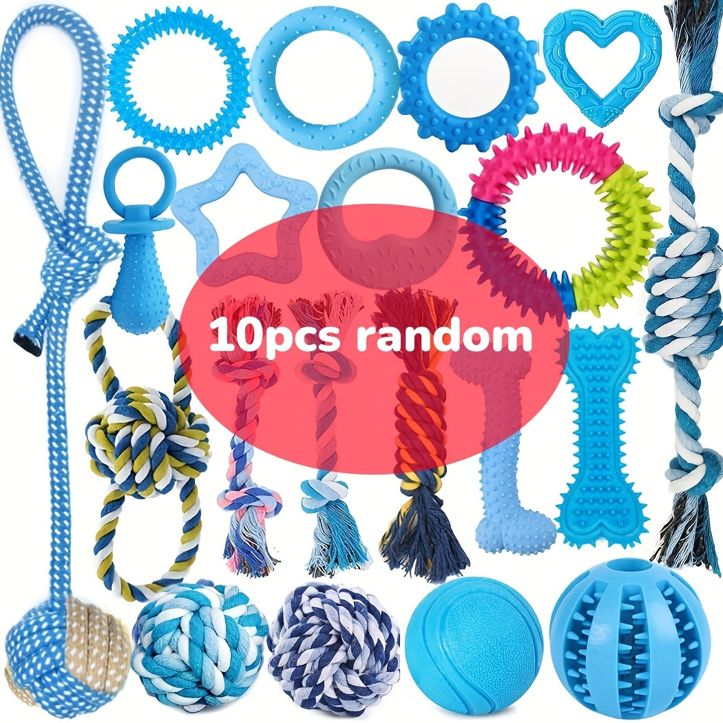 Lot de 5, 10 ou 15 jouets à mâcher pour chien – Assortiment de jouets de dentition pour chiots avec cordes à nœuds, balles et anneaux à picots, ensemble de mastication et de divertissement interactif pour petits chiens, styles et couleurs aléatoires
