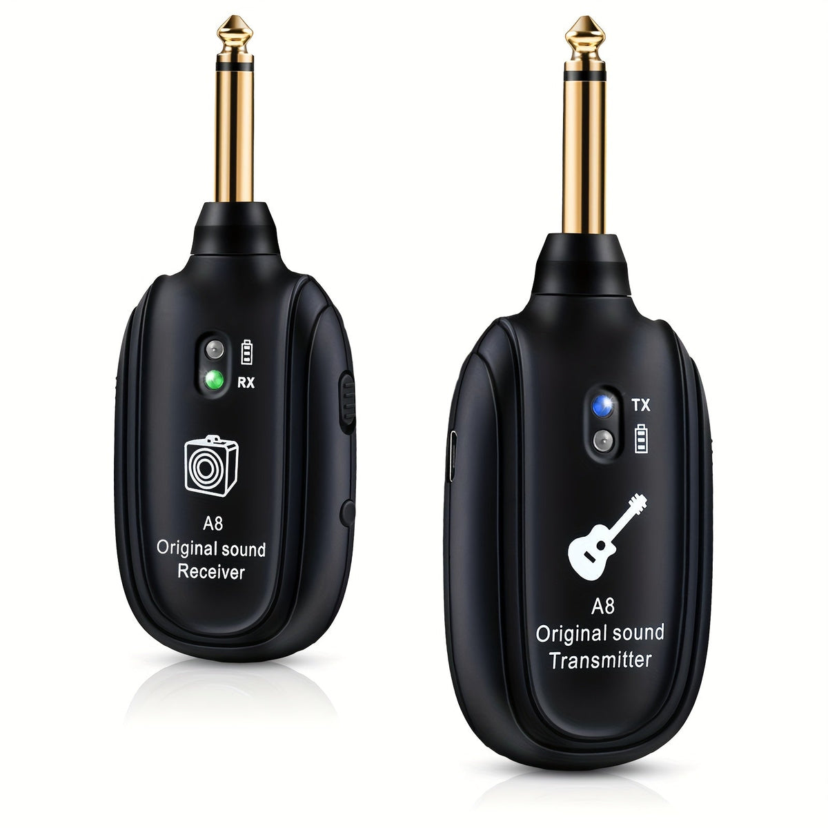 Système sans fil pour guitare A8 avec émetteur et récepteur rechargeables intégrés – Audio stéréo, chargement USB, compatible avec guitare électrique, basse et violon, fonctionne avec les amplificateurs