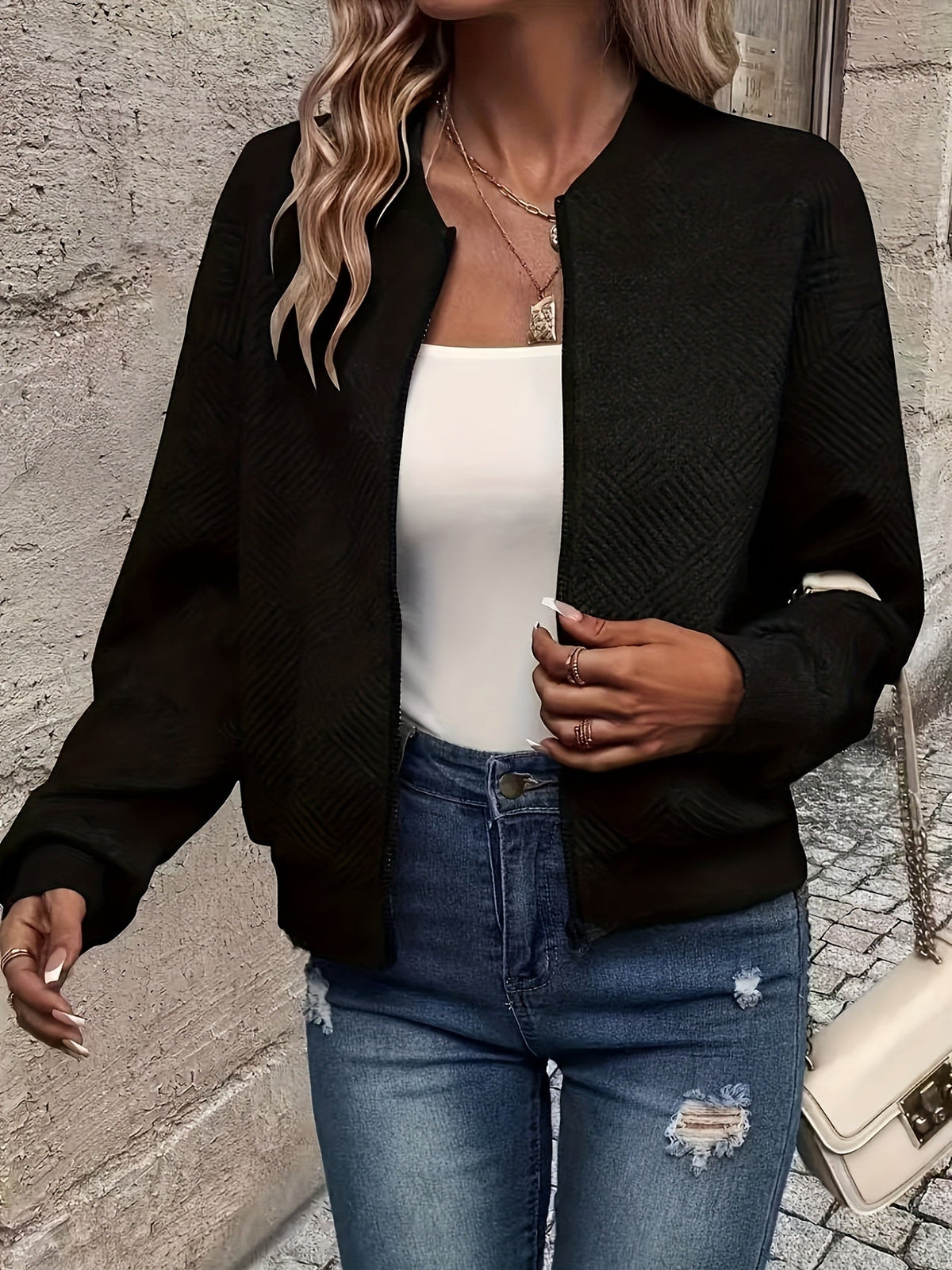 Veste zippée style baseball pour femme - Vêtement d'extérieur décontracté de couleur unie | Manteau sportif doublé en polyester avec bords-côtes, nouveauté mode automne-printemps