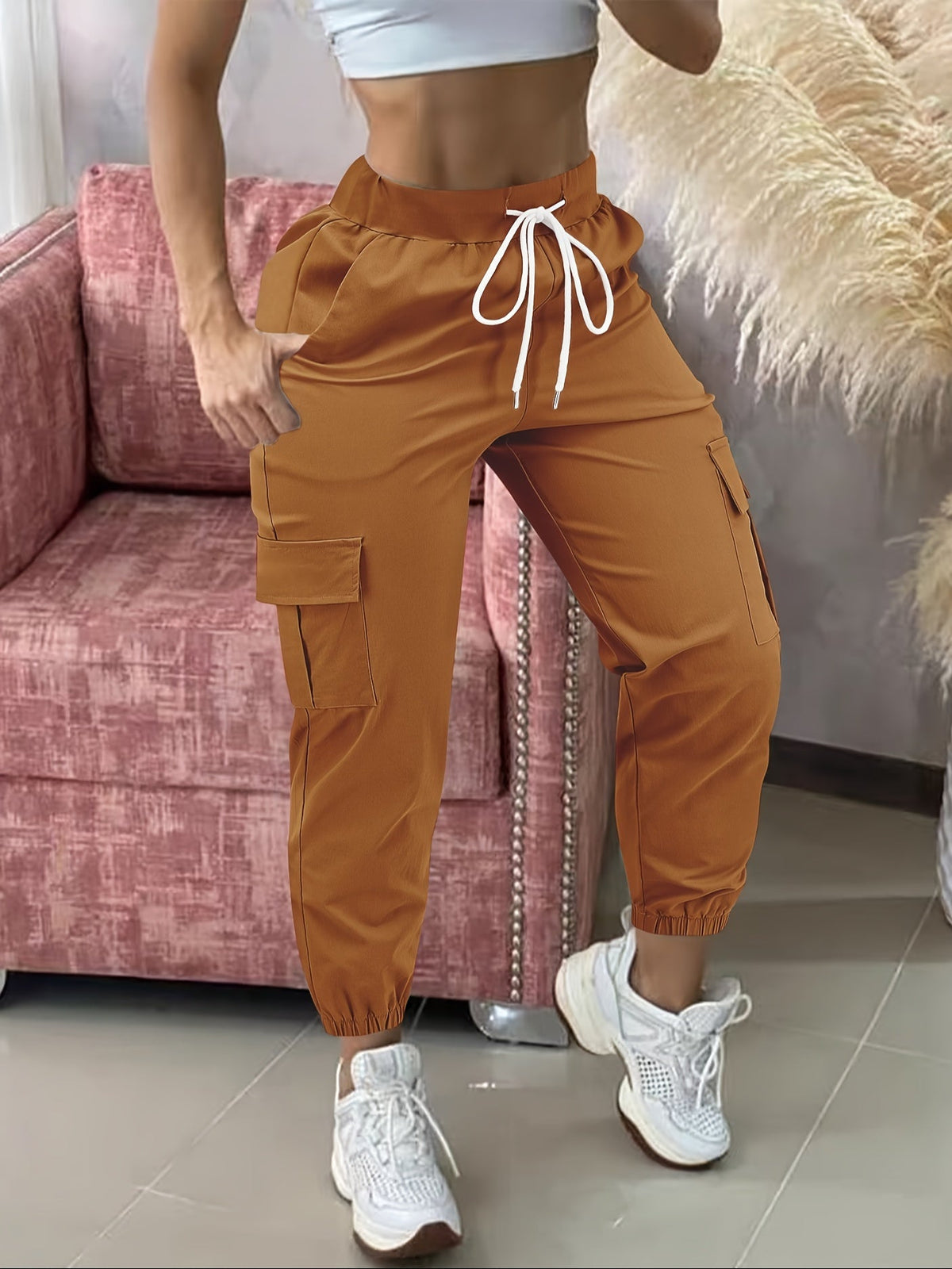 Pantalon cargo femme, taille cordon de serrage, poches multiples, ourlet effiloché, confort toute saison, coupe décontractée, tenue décontractée - Noir Kaki Olive Gris Marine Gris foncé S M L XL XXL Tissu extensible tissé