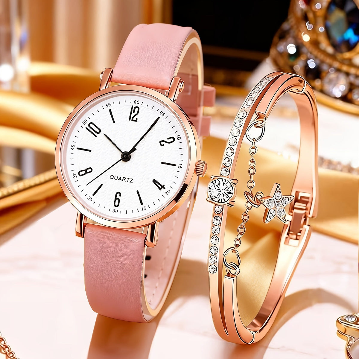 Coffret montre cœur orné de strass pour femme – 2 montres à quartz avec bracelet en similicuir, ensemble de montres-bracelets or rose et rose, idée cadeau pour la Saint-Valentin, les anniversaires et les fêtes