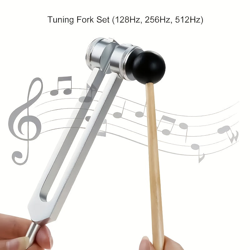 Ensemble de diapasons pour la guérison des chakras 128Hz 256Hz 512Hz - Diapasons de thérapie sonore en alliage d'aluminium pour la méditation, la guérison énergétique et la relaxation, inclut maillet, clé et pochette en velours